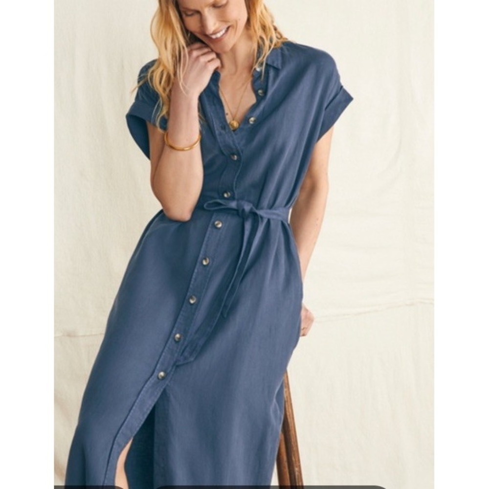 Faherty Sz S Arlie Short Sleeve Shirtdress Midi Navy Pockets Belted Casual Work